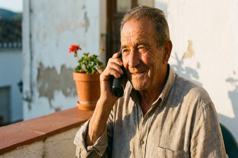 Homme âgé espagnol au visage bienveillant, téléphonant avec joie sur un balcon ensoleillé.