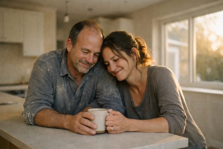 Un couple partage un moment de sérénité dans leur maison tout juste rénovée, symbolisant l'achèvement des travaux.