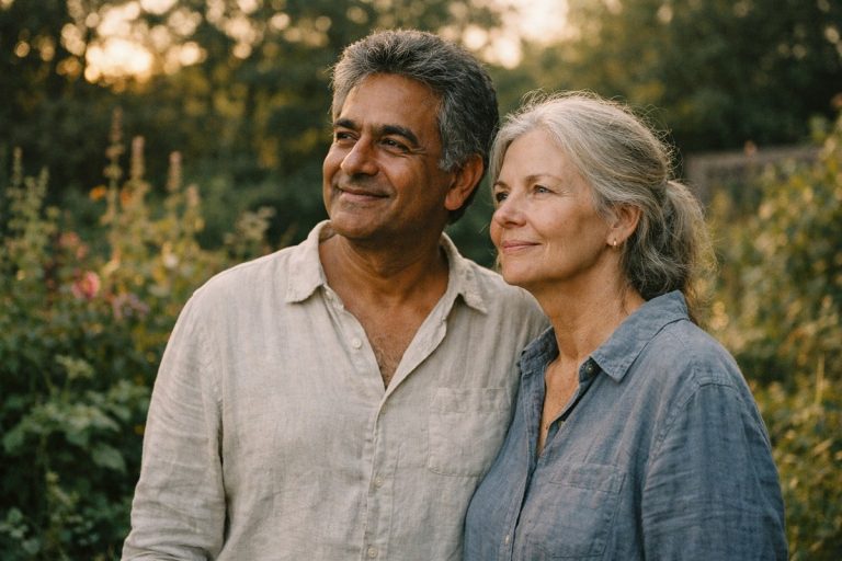Un couple de sexagénaires serein dans son jardin, regardant l'horizon avec optimisme et réflexion.