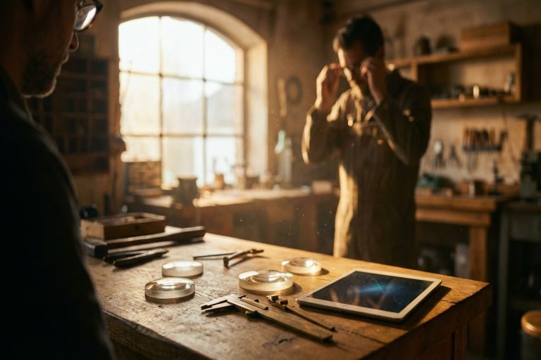 Lentilles optiques sur un établi en bois avec lumière naturelle et tablette floue en arrière-plan.