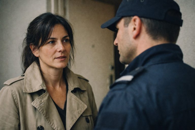 Une propriétaire déterminée s'adresse à un officier de police sur le palier de son logement squatté.