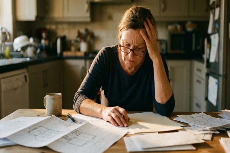 Une femme pensive et inquiète examine des plans d'architecte à sa table de cuisine.