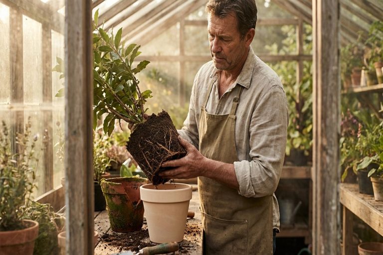Homme transplantant avec soin une plante mature d'un pot à un autre dans une serre lumineuse.