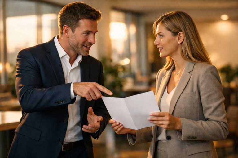 Conseiller pointe document financier à client attentif dans agence lumineuse moderne.
