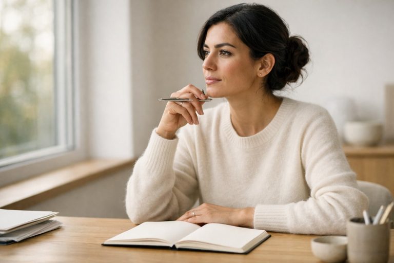 Une dirigeante d'entreprise analyse un dossier avec concentration dans un bureau moderne et lumineux.