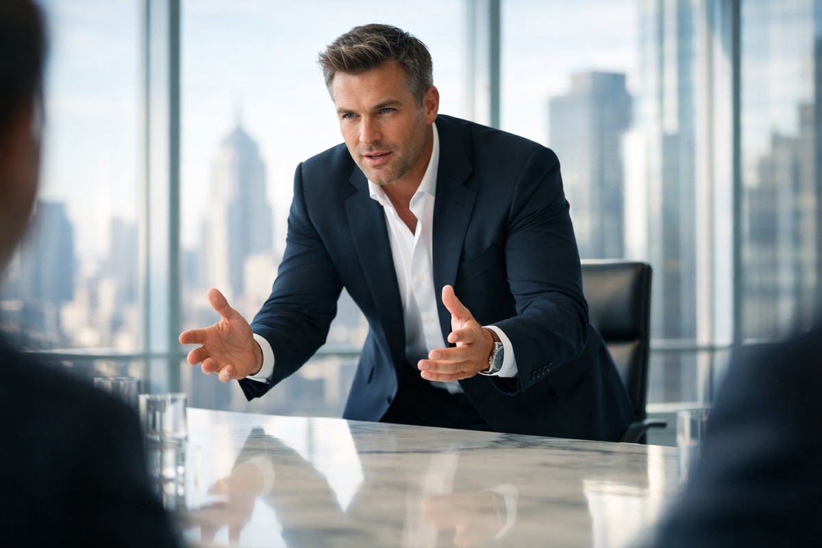 Un dirigeant expose sa stratégie de gestion des risques dans une salle de conférence lumineuse.
