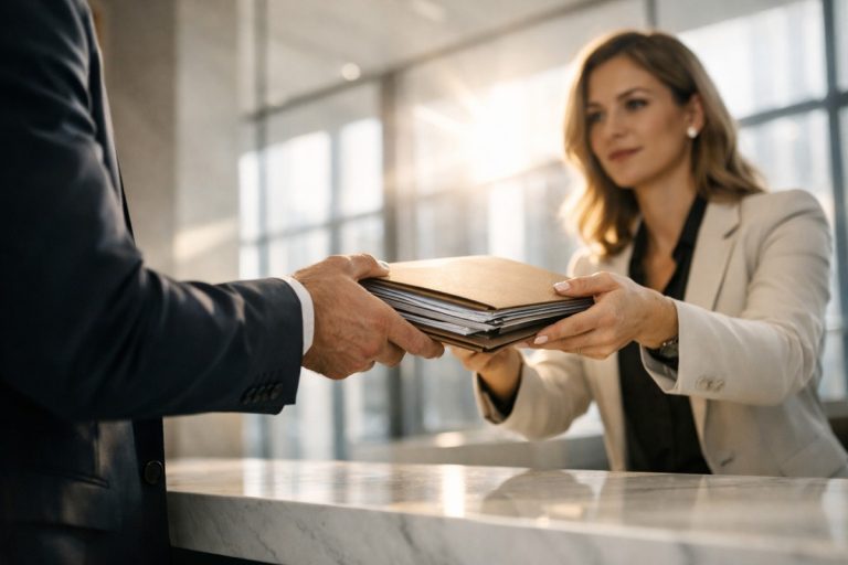 Client tend dossier complet à conseiller en agence assurance vie moderne lumineuse.