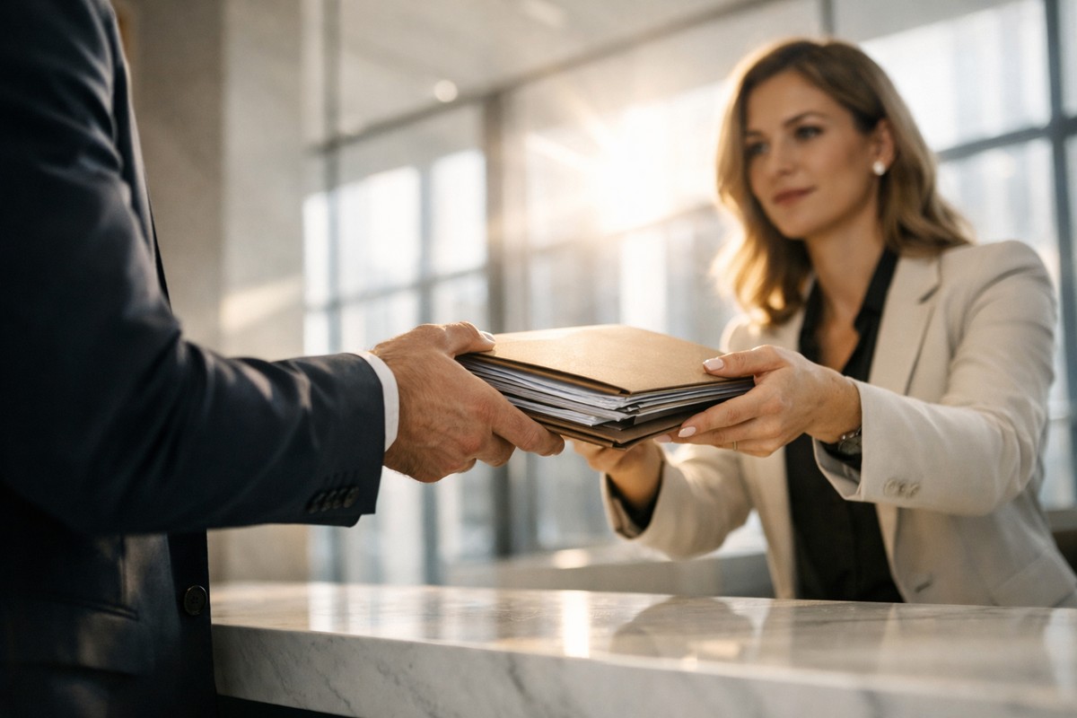 Client tend dossier complet à conseiller en agence assurance vie moderne lumineuse.