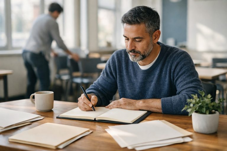 Un enseignant prépare la rentrée dans une salle des professeurs lumineuse