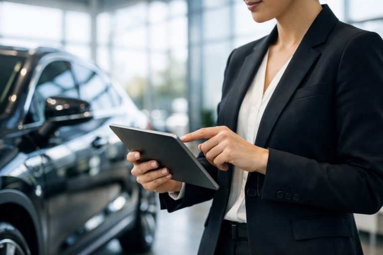 Expert évaluant une voiture haut de gamme avec une tablette dans un showroom lumineux.