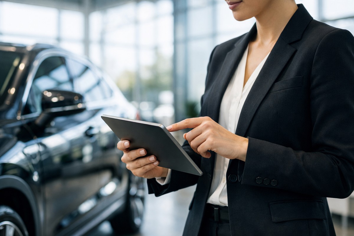 Expert évaluant une voiture haut de gamme avec une tablette dans un showroom lumineux.