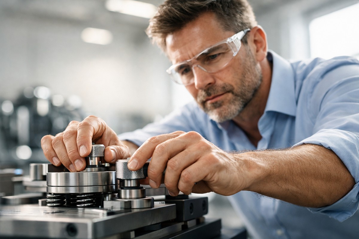 Ingénieur reliability ajuste banc de test vibration sur composant dans laboratoire high-tech lumineux.