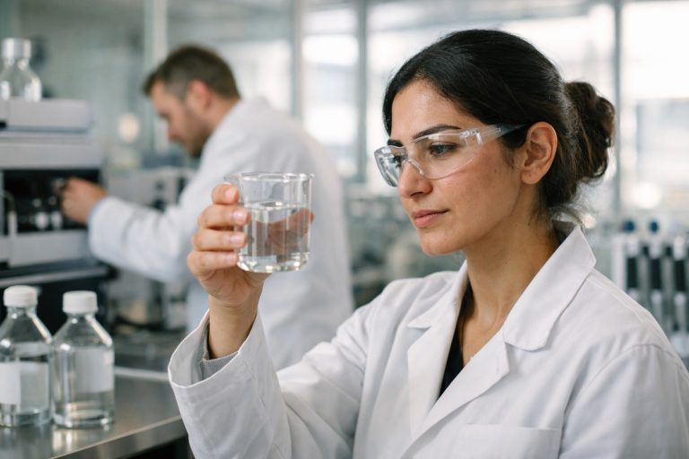 Chercheurs en laboratoire analysant des échantillons de nouveaux produits chimiques.