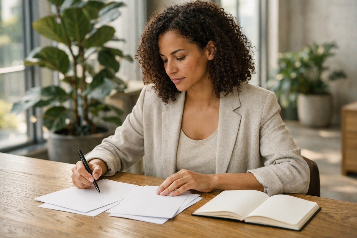 Entrepreneuse concentrée analysant ses documents financiers dans un espace de travail lumineux.