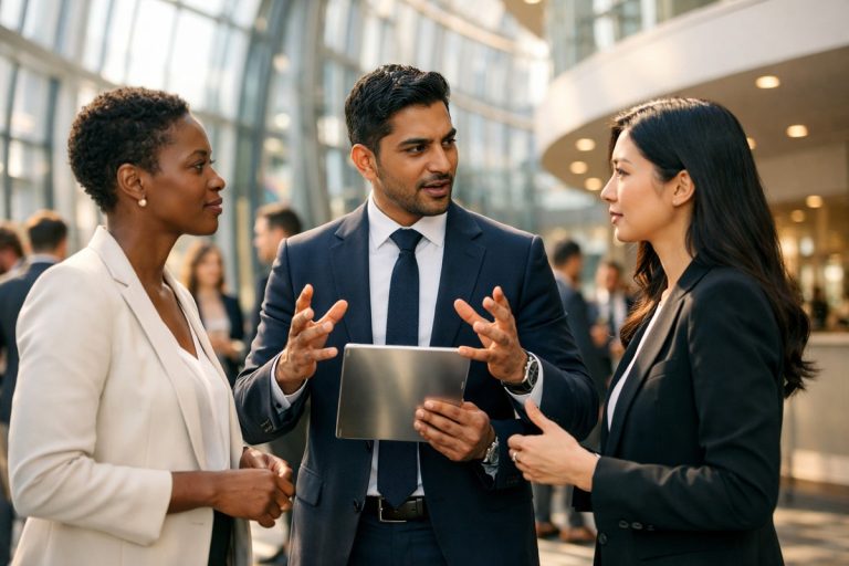 Dirigeants internationaux échangeant lors d'un sommet d'innovation dans un atrium universitaire moderne.