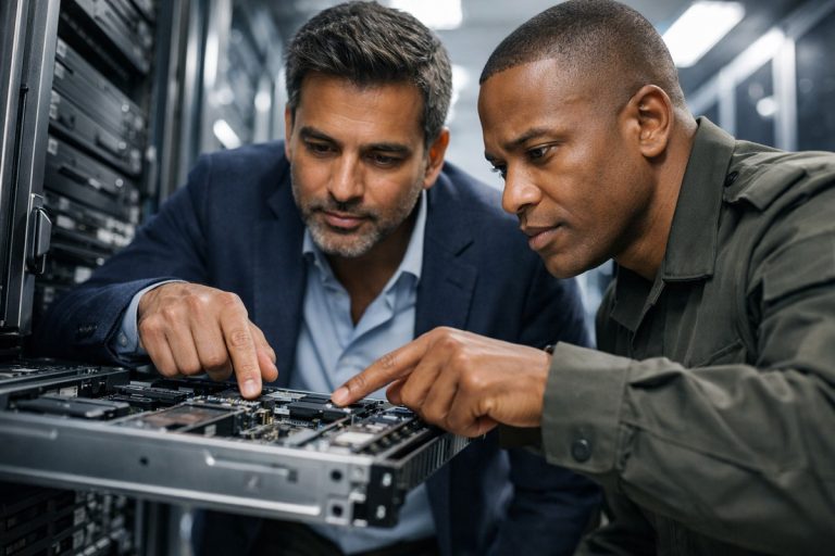 Ingénieur civil et officier militaire inspectant un serveur dans un data center moderne.