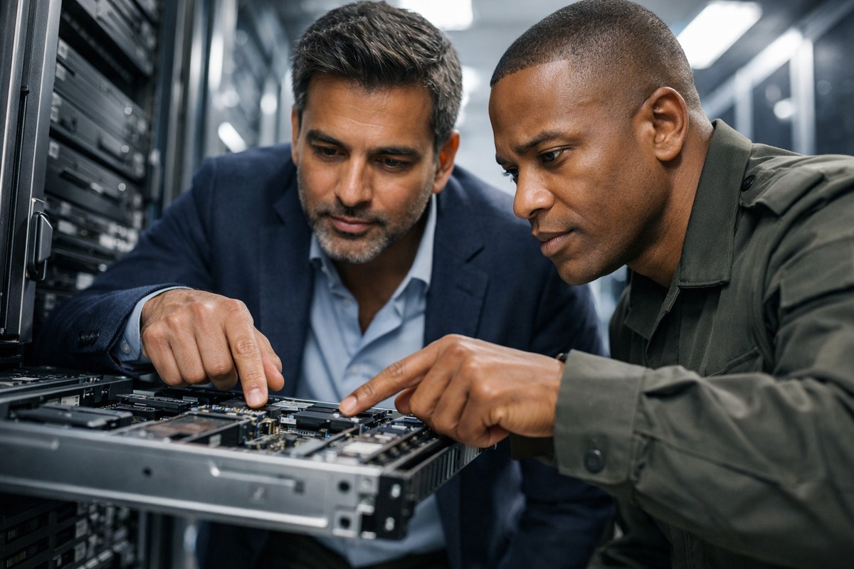 Ingénieur civil et officier militaire inspectant un serveur dans un data center moderne.