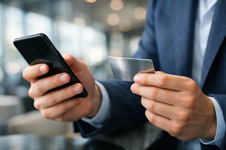 Professionnel vérifiant ses transactions bancaires sur smartphone avec une carte de crédit.