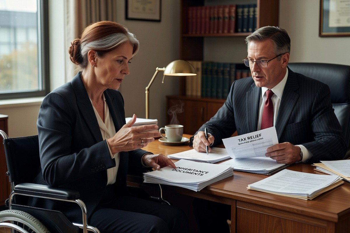 Femme en fauteuil roulant discute allègements fiscaux succession avec notaire attentif
