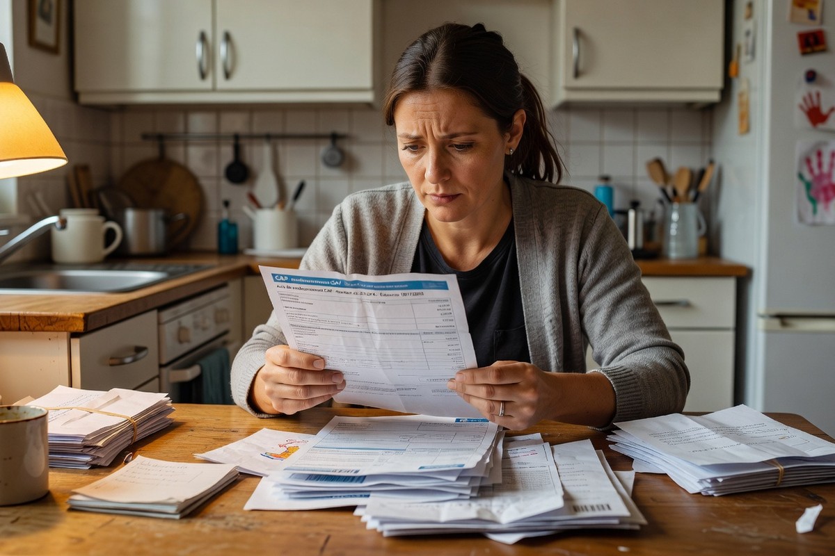 Mère isolée examine avis de remboursement CAF et organise justificatifs sur table de cuisine modeste.