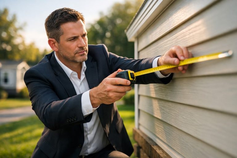 Expert immobilier mesurant activement un mobil-home ancien rénové dans résidence propre et verdoyante.