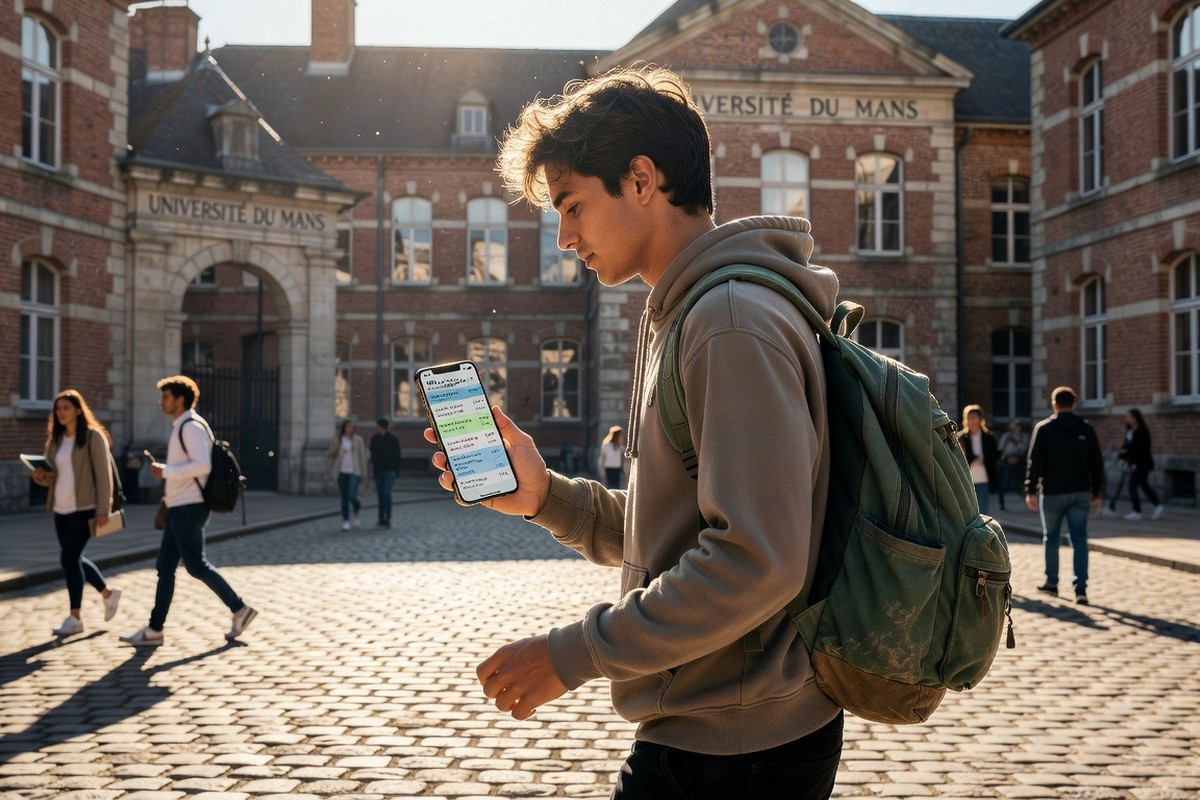 Étudiant consulte emploi du temps ENT Le Mans sur smartphone en traversant campus universitaire moderne.