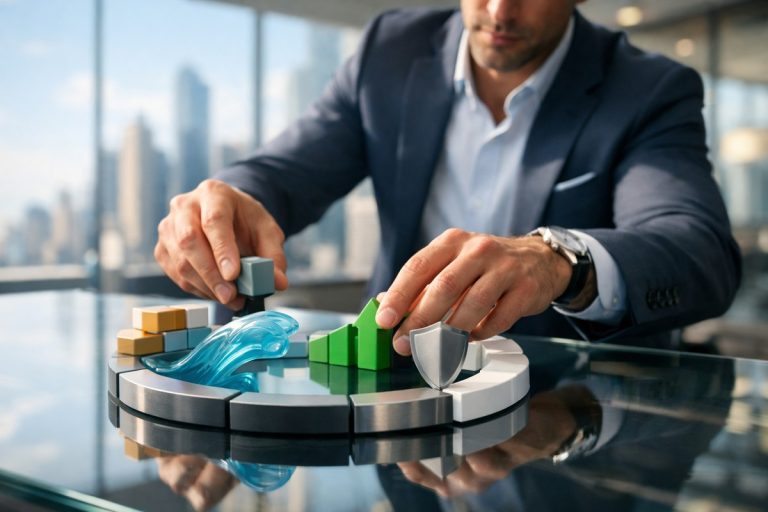 Professionnel assemble modèle modulaire des cinq piliers de gestion financière holistique dans open-space lumineux moderne.