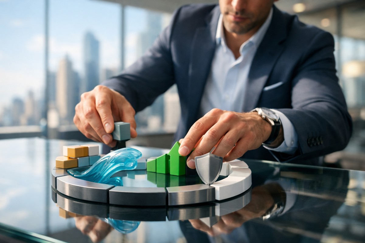 Professionnel assemble modèle modulaire des cinq piliers de gestion financière holistique dans open-space lumineux moderne.