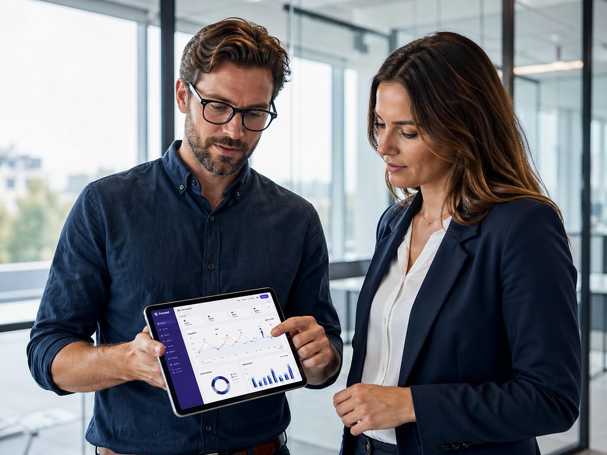 Deux professionnels de la tech analysant un tableau de bord de facturation électronique, symbolisant l'intégration d'une plateforme agréée en marque blanche.