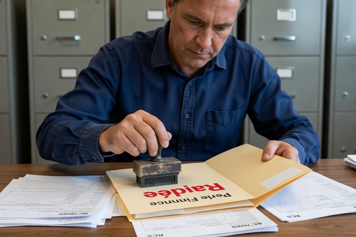 Employé applique tampon 'Radiée' sur dossier Perle Finance avec extraits RCS officiels.