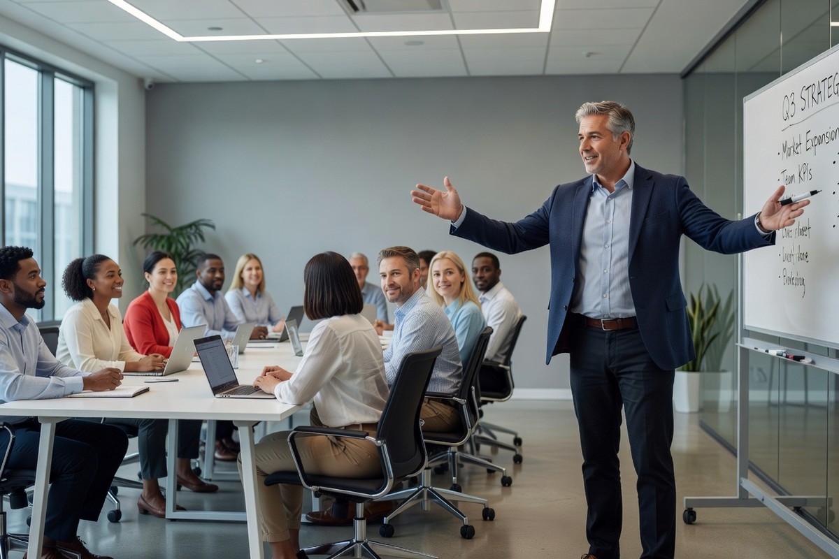 Un formateur anime un atelier professionnel dynamique dans une salle lumineuse et contemporaine.