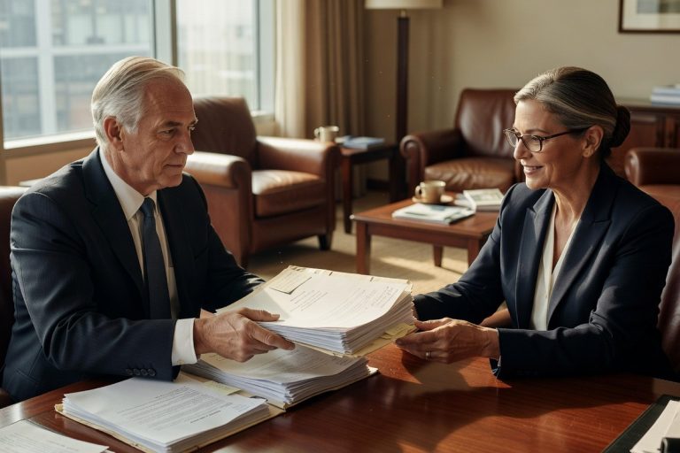 Homme de 60 ans remet dossier carrière à conseiller retraite dans salon lumineux moderne.