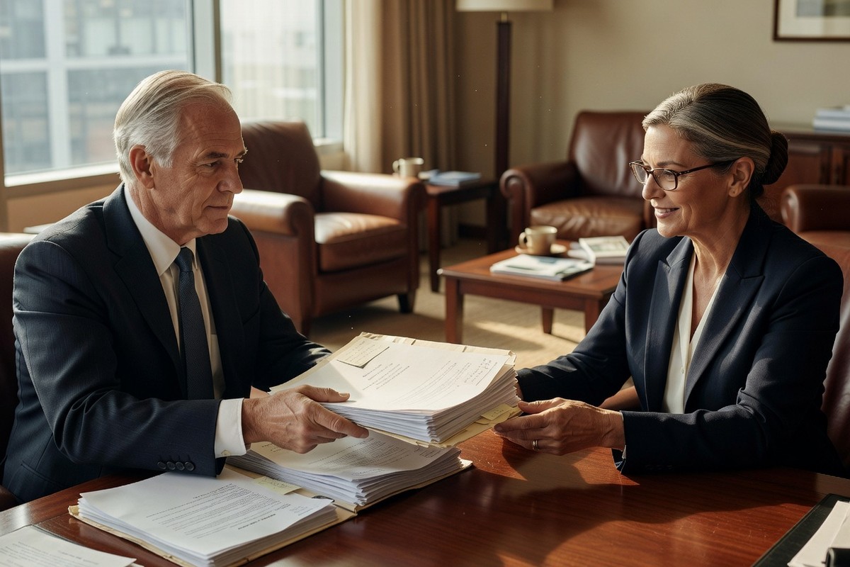 Homme de 60 ans remet dossier carrière à conseiller retraite dans salon lumineux moderne.