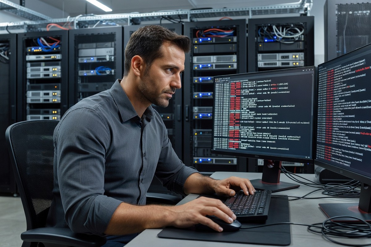 Spécialiste IT déboguant logs d'authentification réussie sans confirmation sur moniteurs en salle serveur