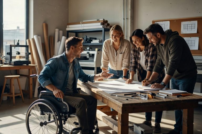Personne en fauteuil roulant discute projet avec équipe dans atelier lumineux contemporain.