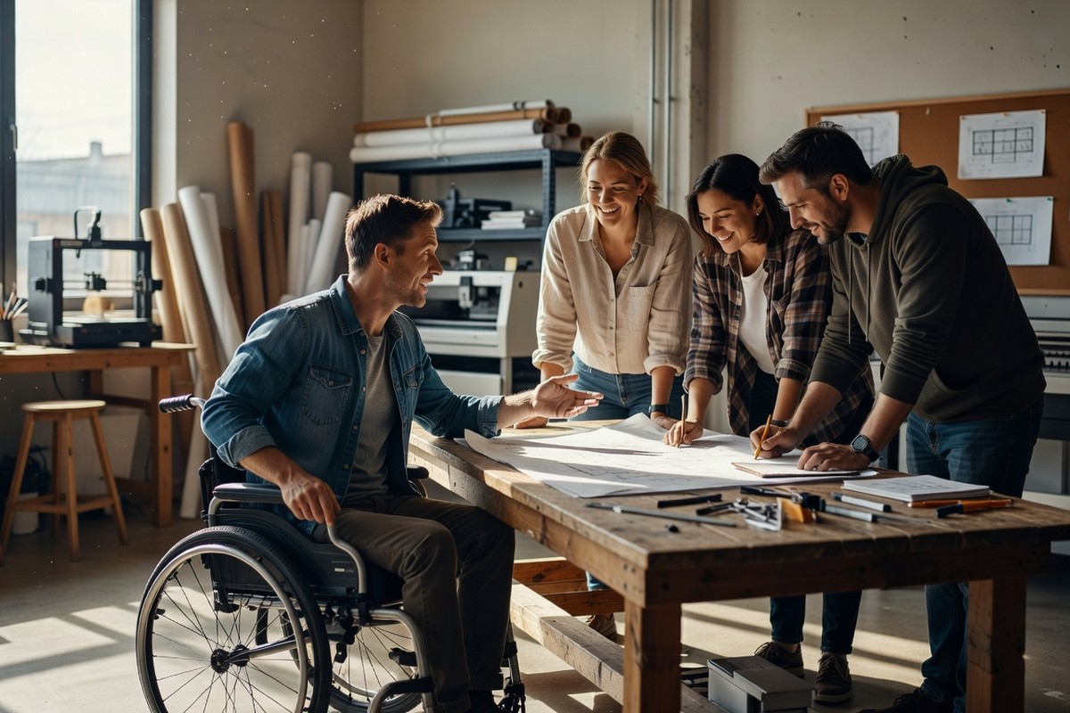 Personne en fauteuil roulant discute projet avec équipe dans atelier lumineux contemporain.