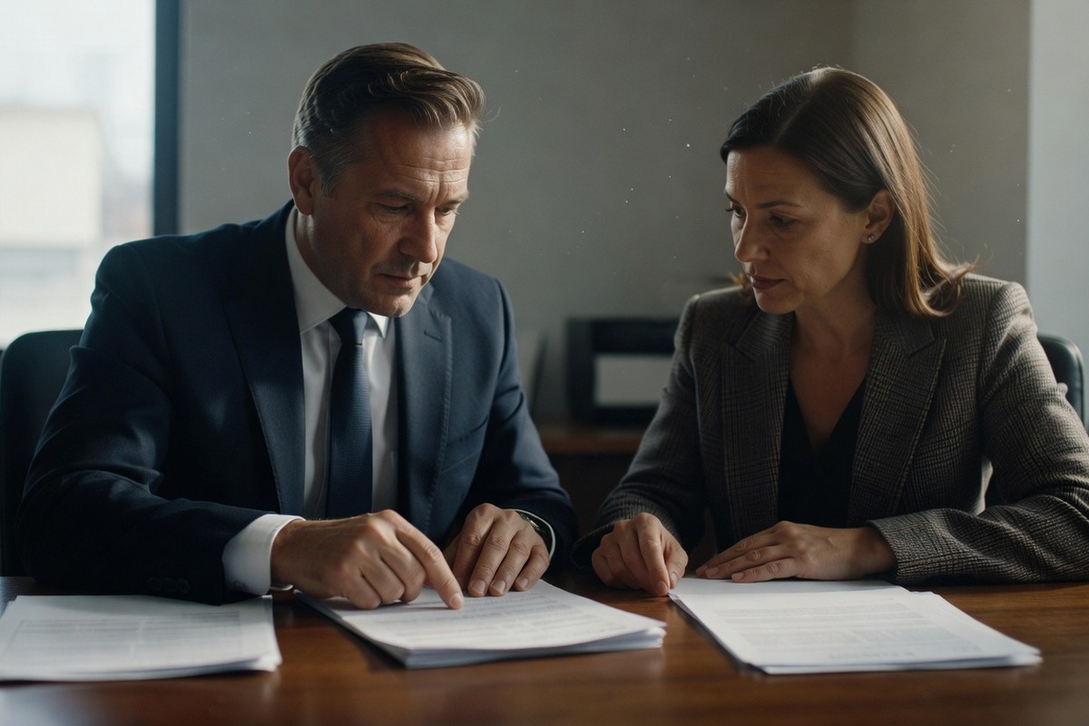 Banquier expliquant des calculs d'intérêts à un client avec documents