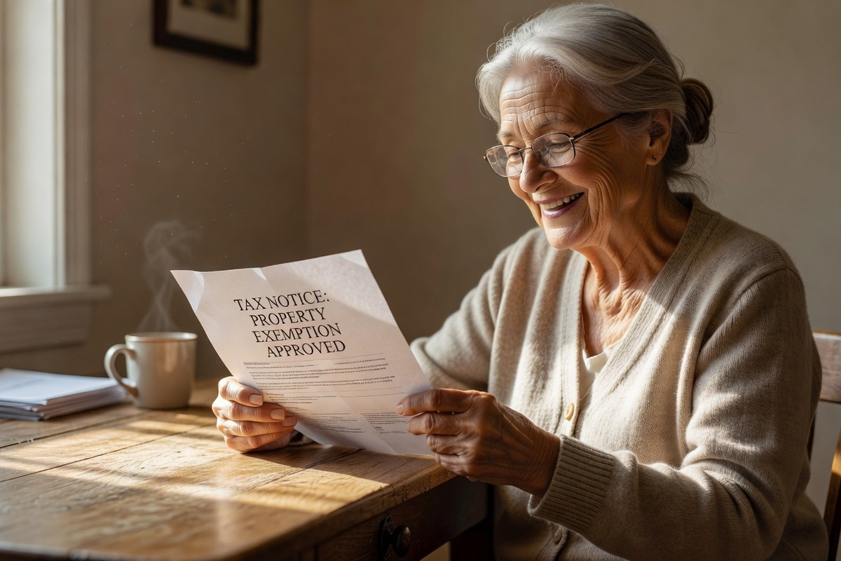 Femme âgée souriante découvrant exonération taxe foncière dans son avis d'imposition à table