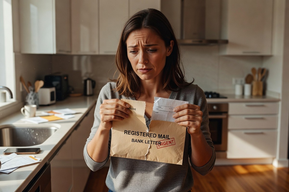 Femme trentenaire ouvre lettre recommandée bancaire inquiète découvert solde négatif cuisine moderne