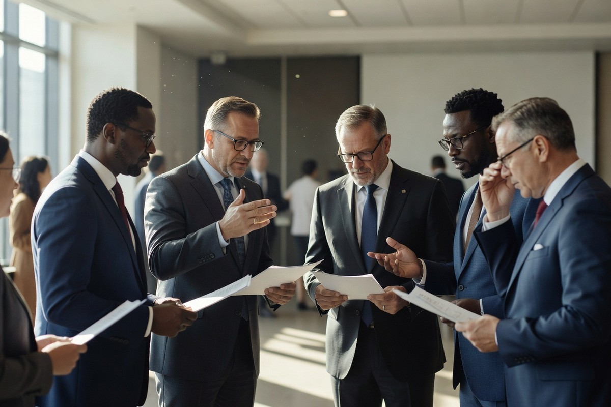 Dirigeants internationaux en discussion active lors d'un sommet de leadership