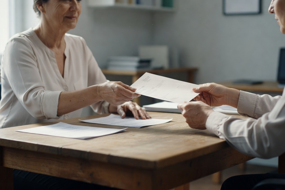 Femme mûre tend justificatifs invalidité catégorie 2 à son conseiller France Travail en rendez-vous.