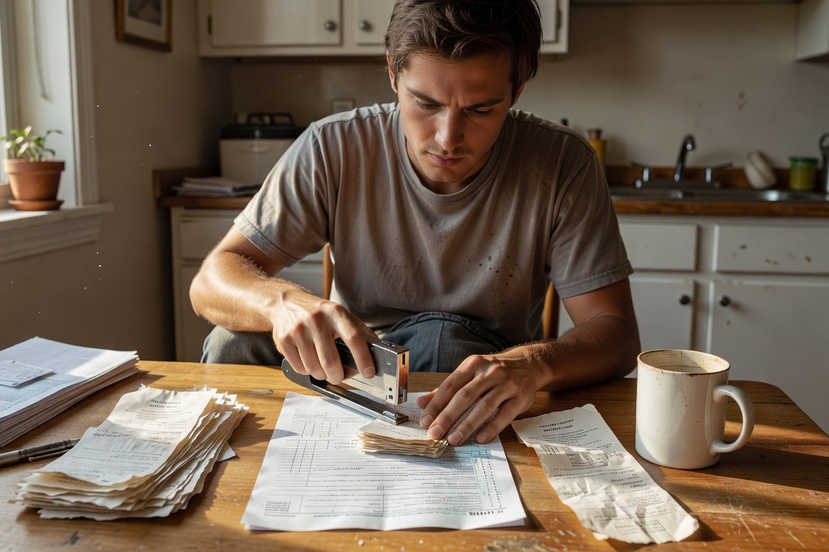 Jeune locataire agrafant quittances de loyer sur formulaire fiscal à table éclairée.