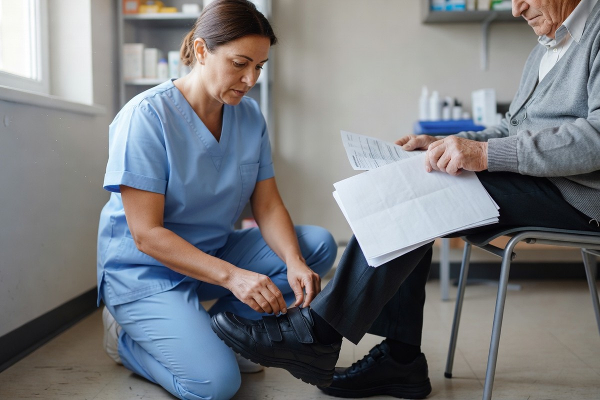 Patient essayant des chaussures orthopédiques avec un pharmacien pour le remboursement sécu.