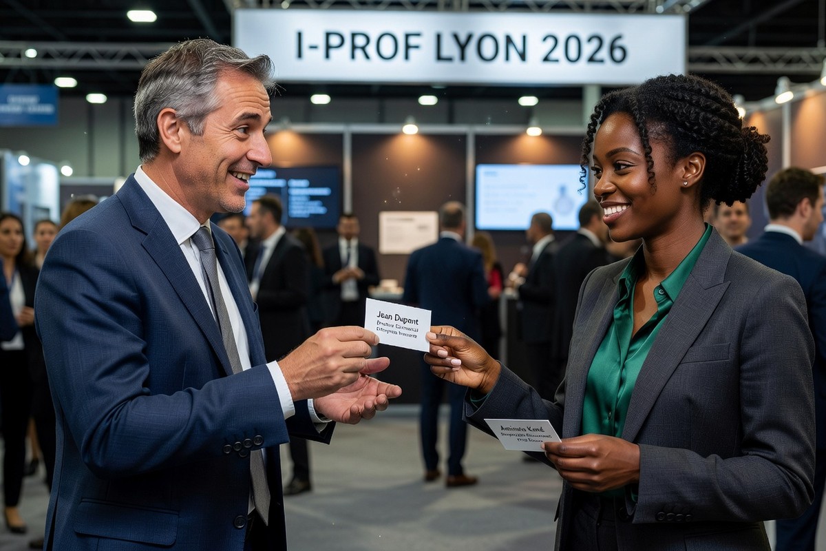 Professionnels échangeant cartes de visite booth I-Prof Lyon 2026 gestion carrière