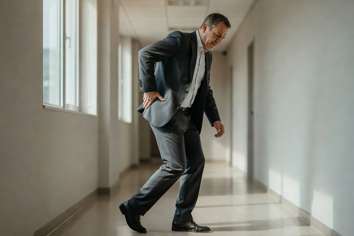 Professionnel en costume ressentant une gêne abdominale dans un couloir moderne