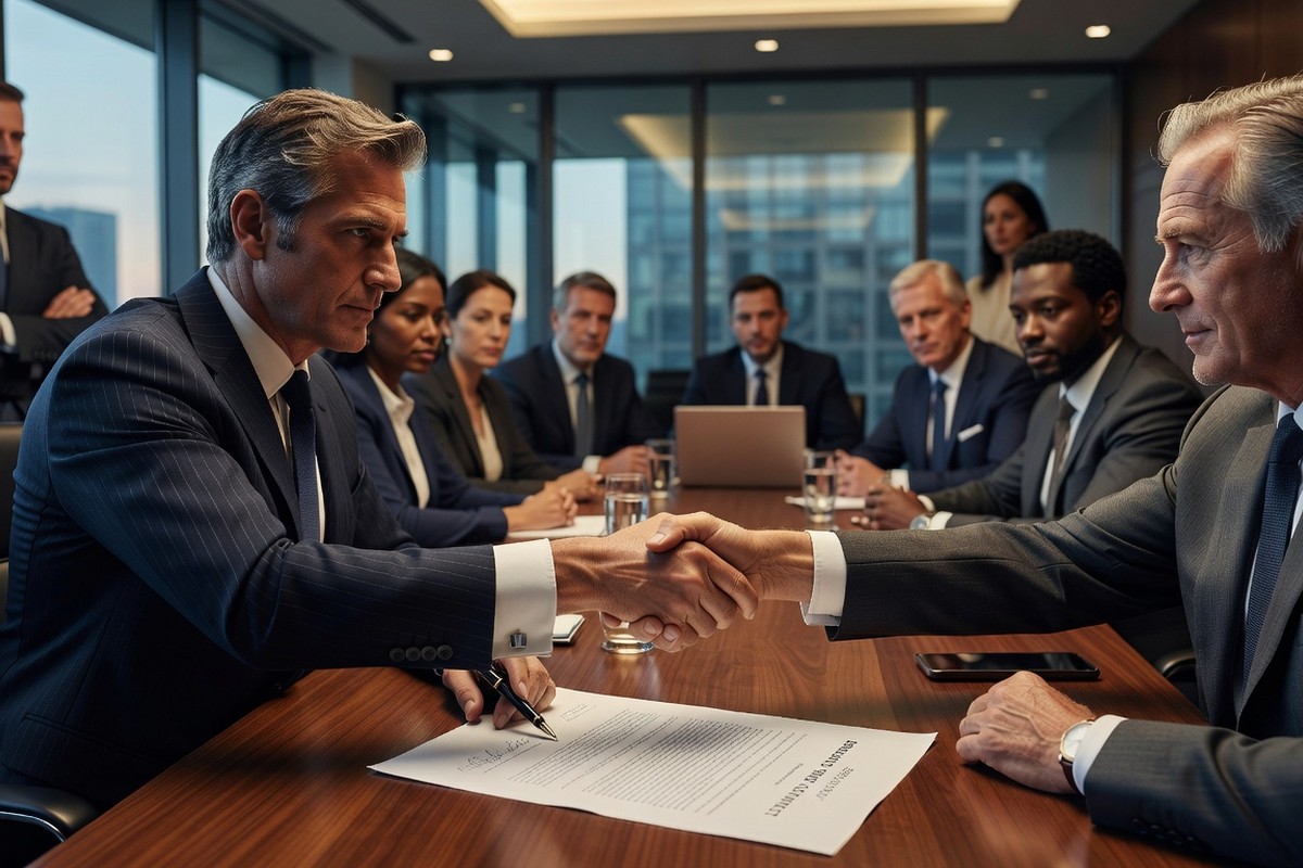 Banquier signe contrat fusion milliardaire lors réunion stratégique tendue avec poignées de main.
