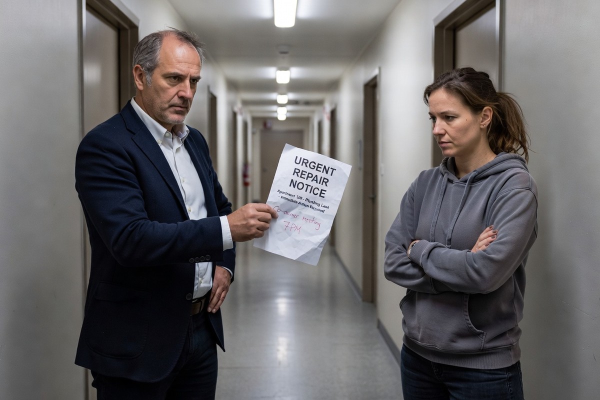 Syndic remet mise en demeure pour travaux à copropriétaire réticent dans couloir d'immeuble.