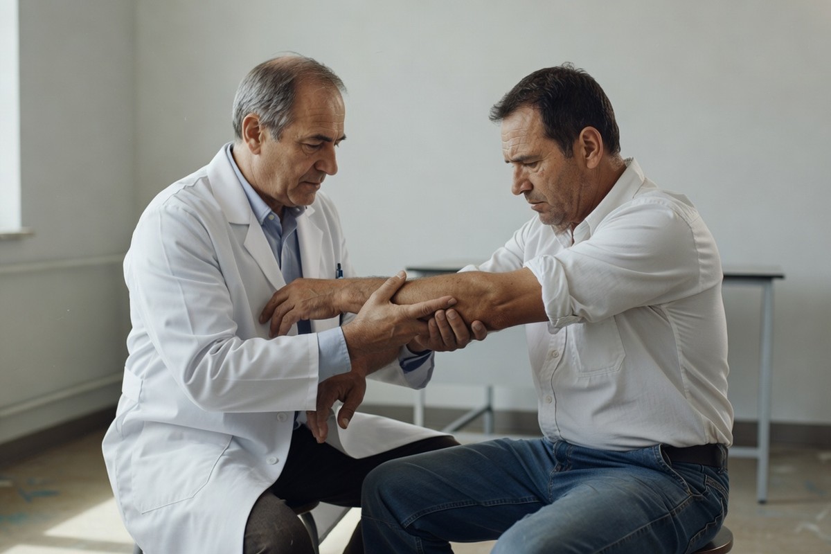 Médecin examinant la mobilité du coude lors d'une visite de reprise professionnelle