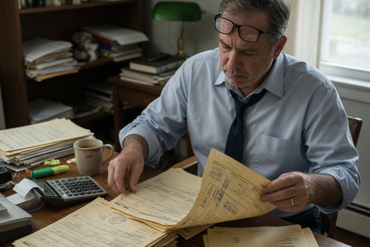 Homme examinant des documents fiscaux anciens sur une table