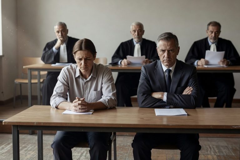 Salarié et employeur face aux juges lors d'une audience aux prud'hommes.